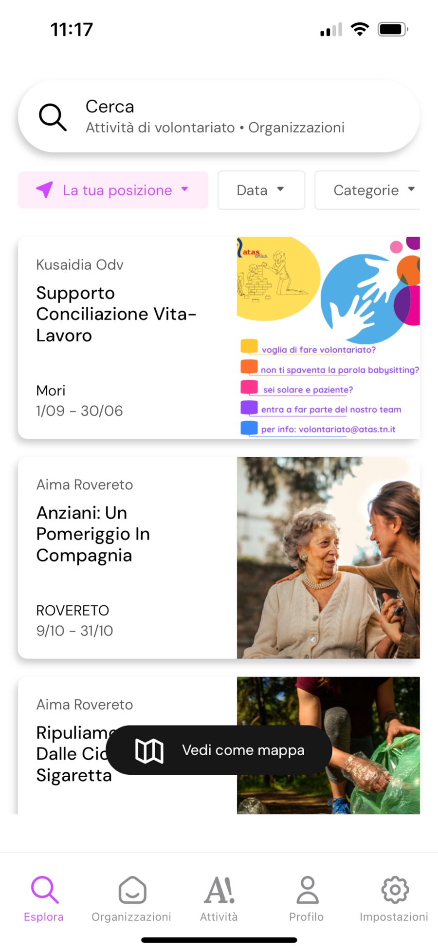 La schermata di ricerca delle attività di volontariato nell'app Attivati!