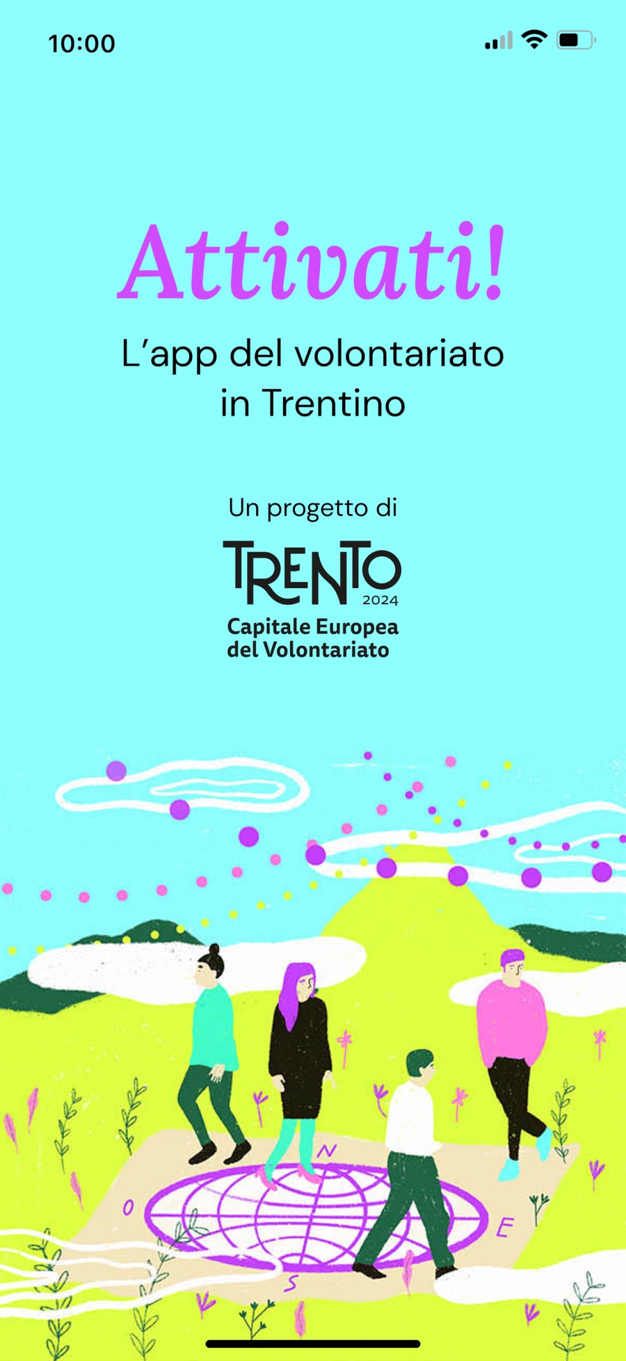 La schermata di benvenuto dell'app Attivati!, l'app del volontariato in Trentino