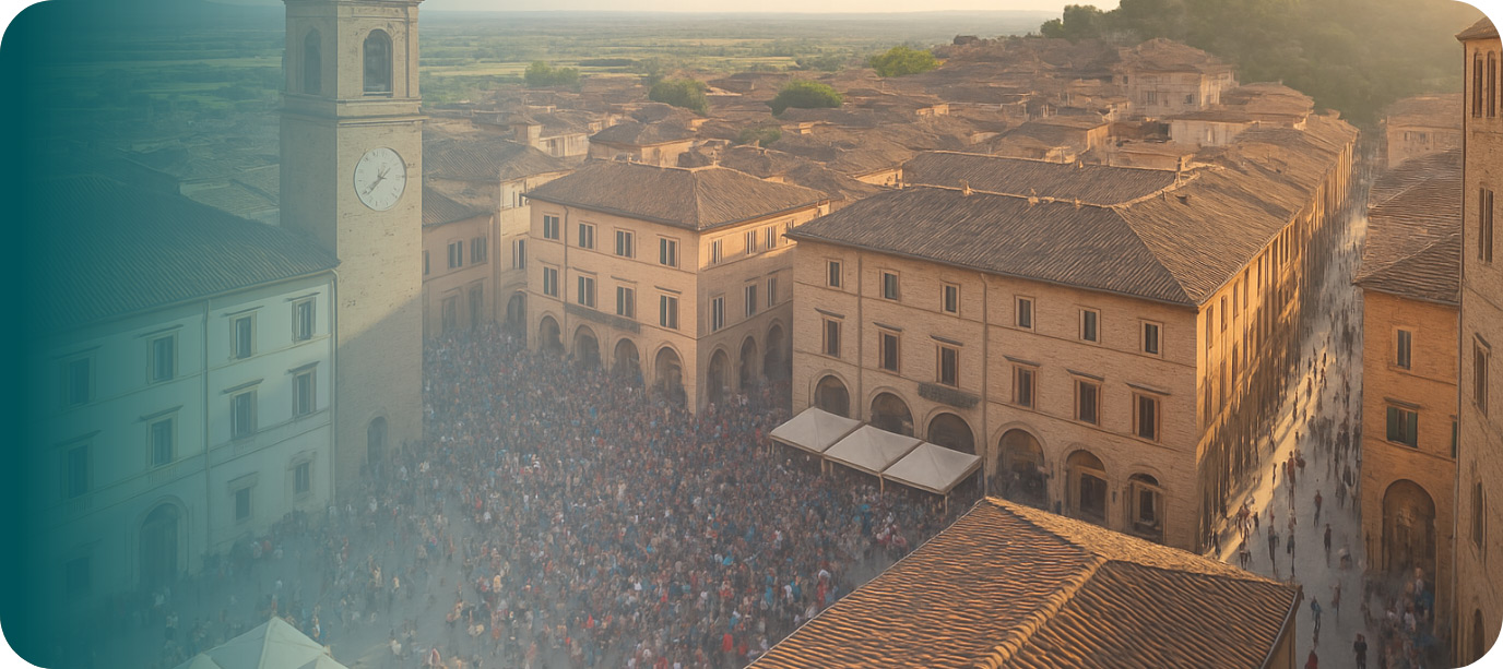 Veduta aerea di una piazza italiana con il campanile e la comunità riunita